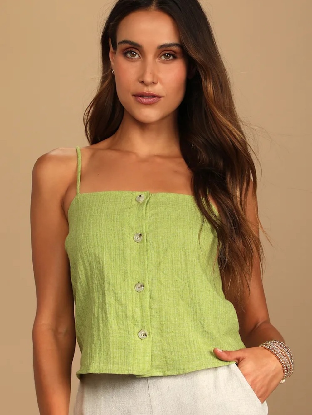 Lulus Such Simplicity Linen Green Button-Up Cami Top
